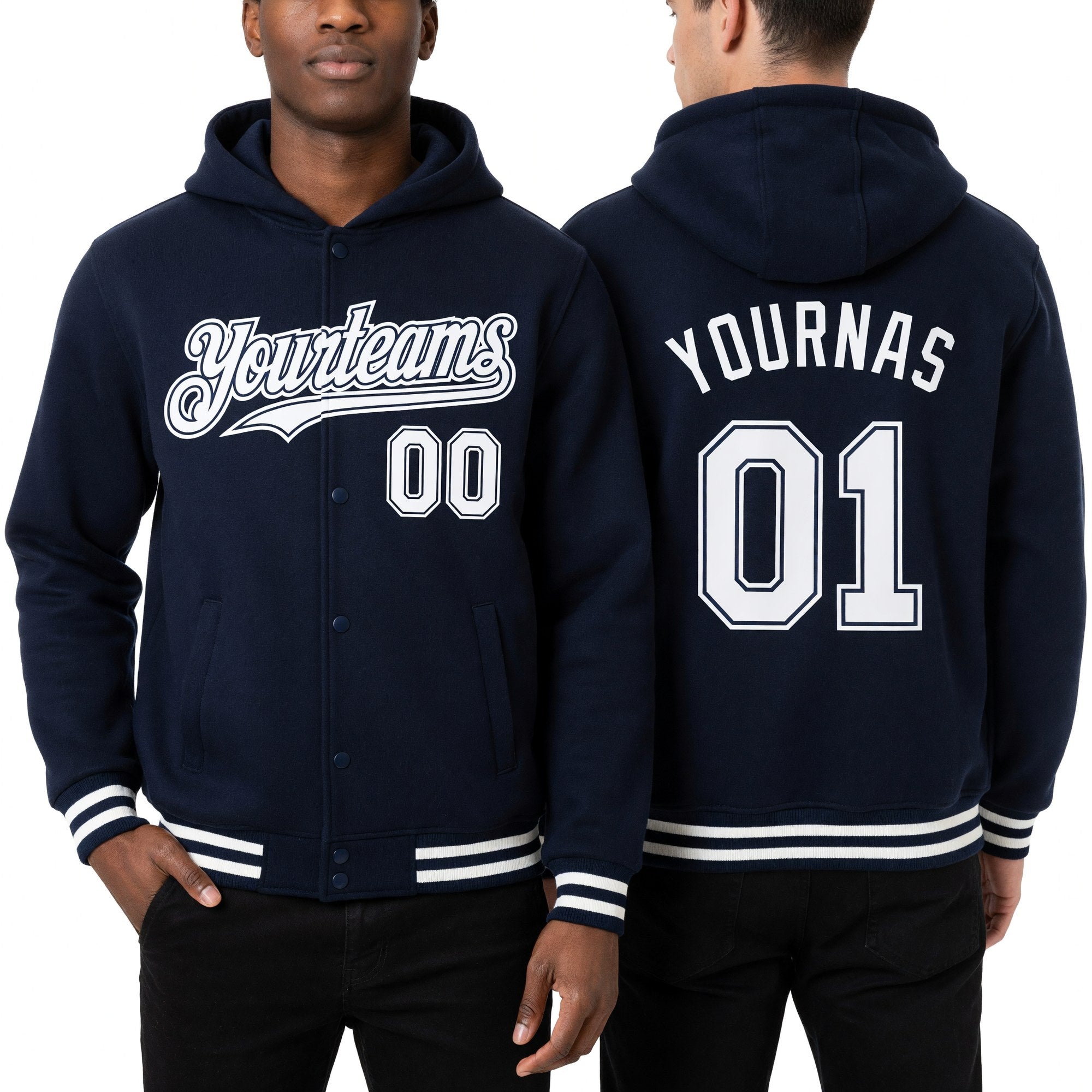 Custom Navy White Bomber Full-Snap Varsity Letterman Hoodie Jacket worn front and back
