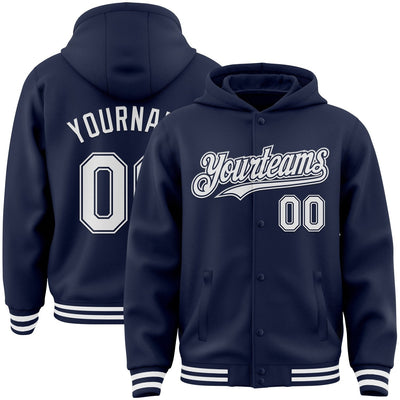 Custom Navy Full Snap Bomber Hooded Varsity Jacket with White Accents Design 3108