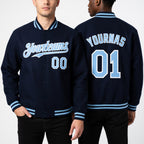 Custom Navy Light Blue-White Bomber Full-Snap Varsity Letterman Hoodie Jacket worn front and back