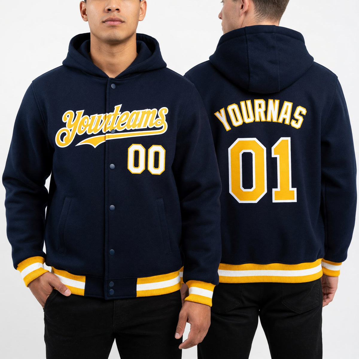 Custom Navy Gold-White Bomber Full-Snap Varsity Letterman Hoodie Jacket worn front and back