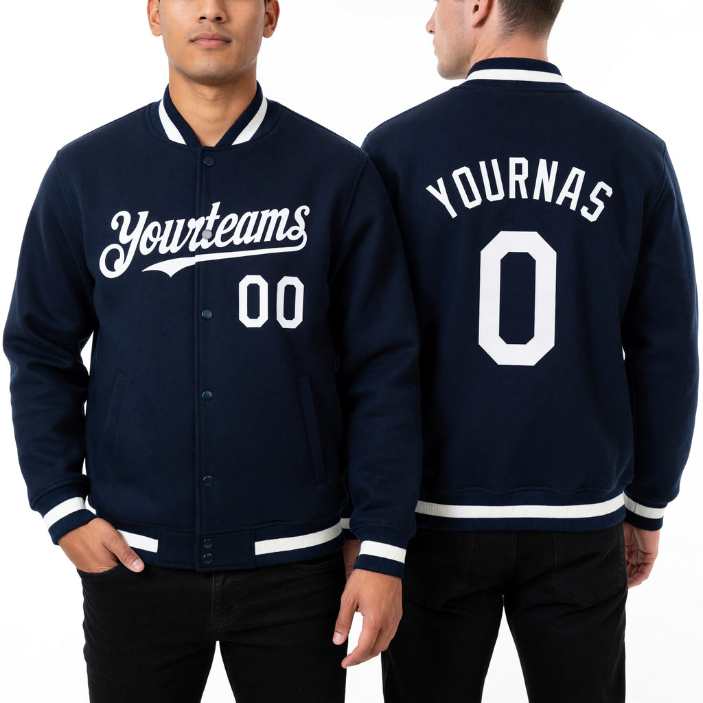 Custom Navy White Bomber Full-Snap Varsity Letterman Hoodie Jacket worn front and back