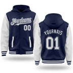 Custom Navy White Bomber Full-Snap Varsity Letterman Two Tone Hoodie Jacket