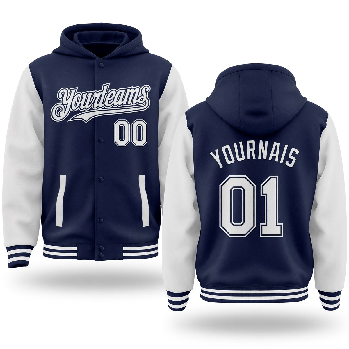 Custom Navy White Bomber Full-Snap Varsity Letterman Two Tone Hoodie Jacket
