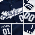 Custom Navy White Bomber Full-Snap Varsity Letterman Two Tone Hoodie Jacket detail