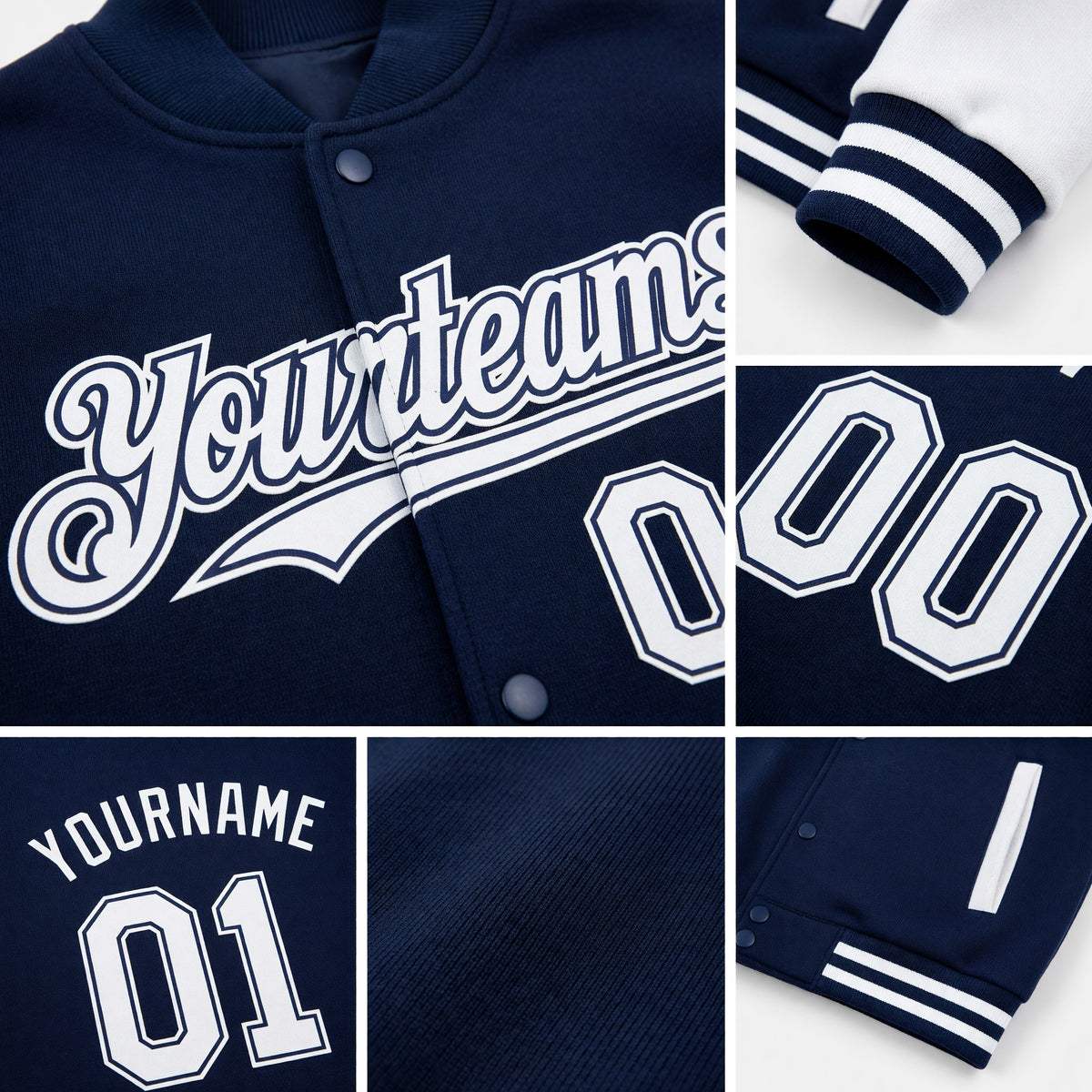 Custom Navy White Bomber Full-Snap Varsity Letterman Two Tone Hoodie Jacket detail
