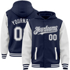 Custom Navy White Bomber Full-Snap Varsity Letterman Two Tone Hoodie Jacket photo 1