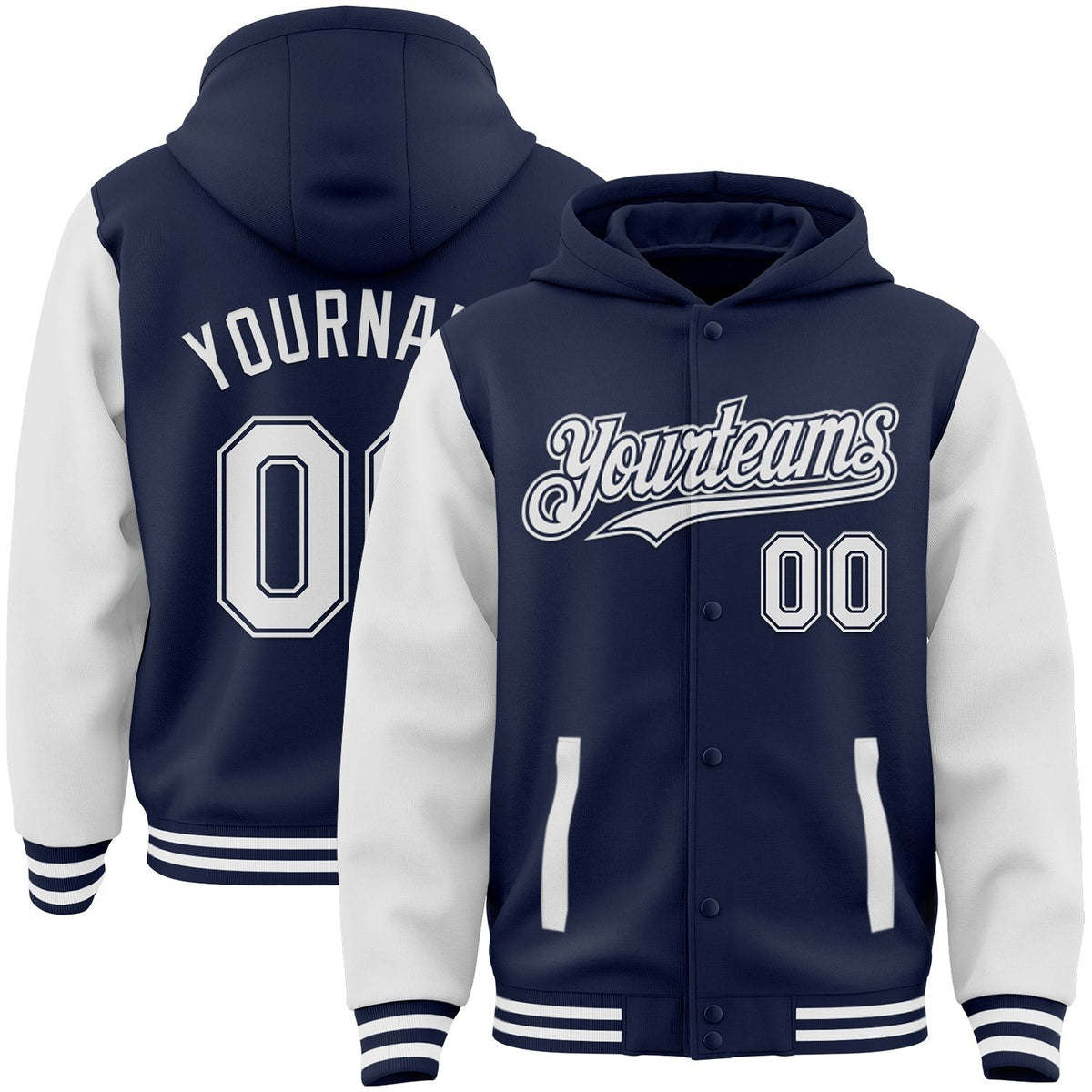 Custom Navy White Bomber Full-Snap Varsity Letterman Two Tone Hoodie Jacket photo 1