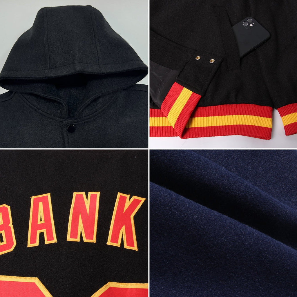 Custom Navy White Bomber Full-Snap Varsity Letterman Two Tone Hoodie Jacket photo 2