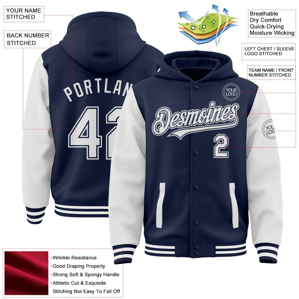 Custom Navy White Bomber Full-Snap Varsity Letterman Two Tone Hoodie Jacket photo 3