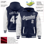 Custom Navy White Bomber Full-Snap Varsity Letterman Two Tone Hoodie Jacket photo 3