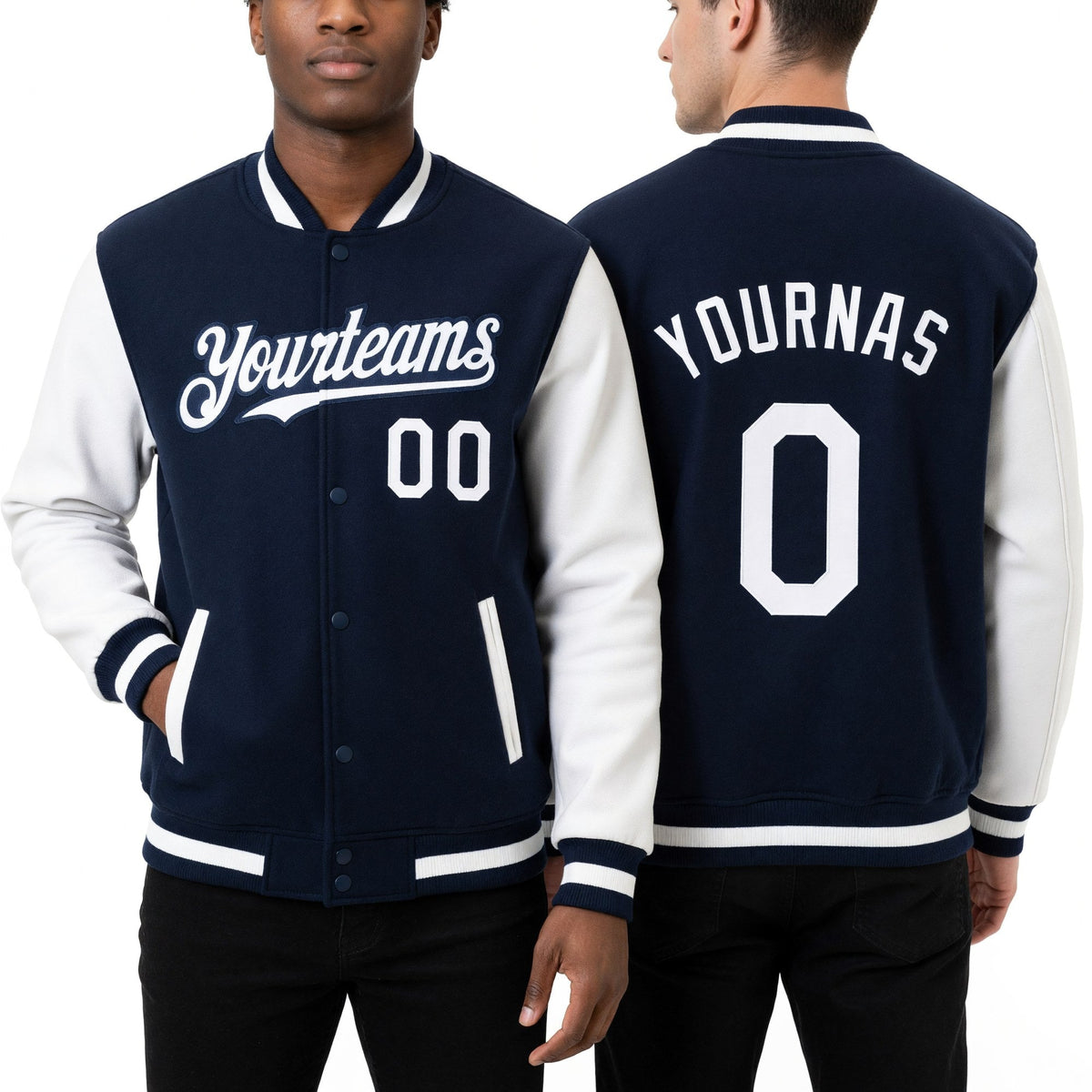 Custom Navy White Bomber Full-Snap Varsity Letterman Two Tone Hoodie Jacket worn front and back
