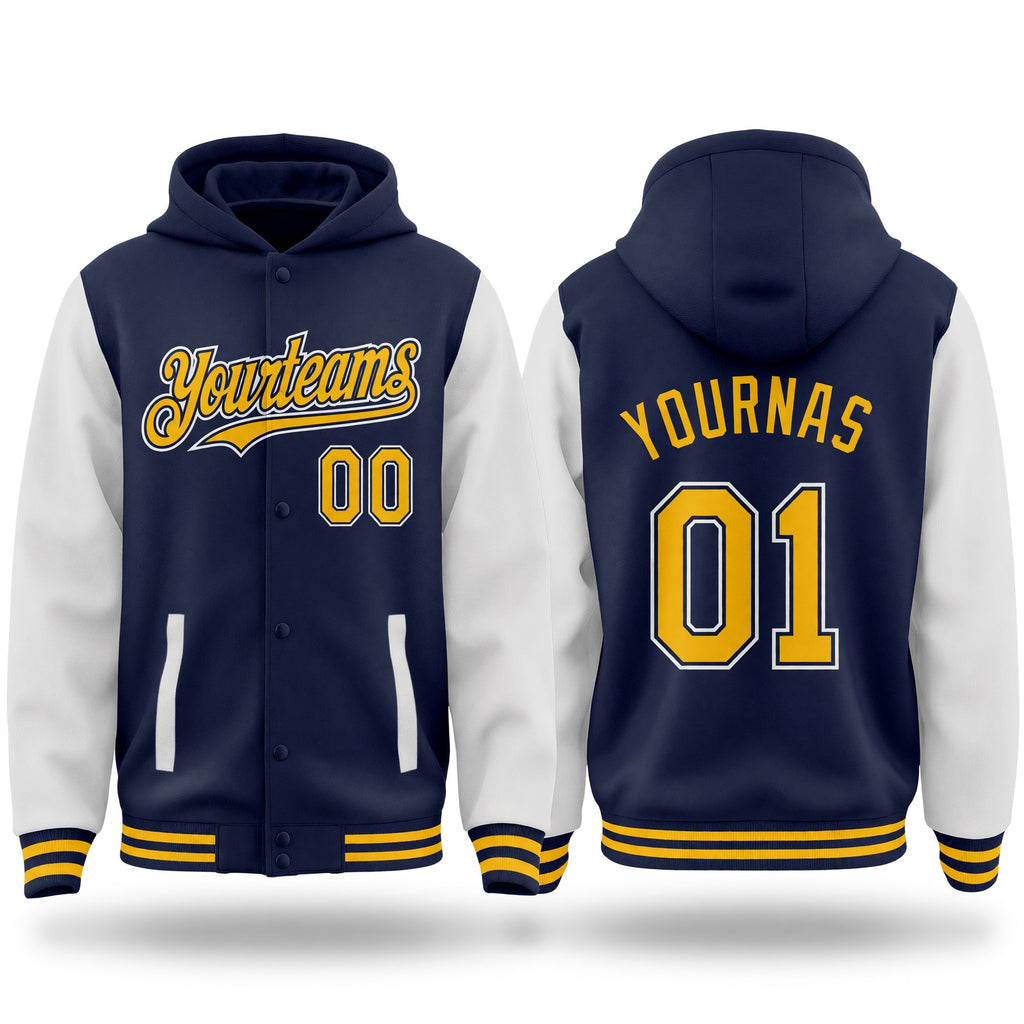 Custom Navy Gold-White Bomber Full-Snap Varsity Letterman Two Tone Hoodie Jacket