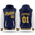 Custom Navy Gold-White Bomber Full-Snap Varsity Letterman Two Tone Hoodie Jacket