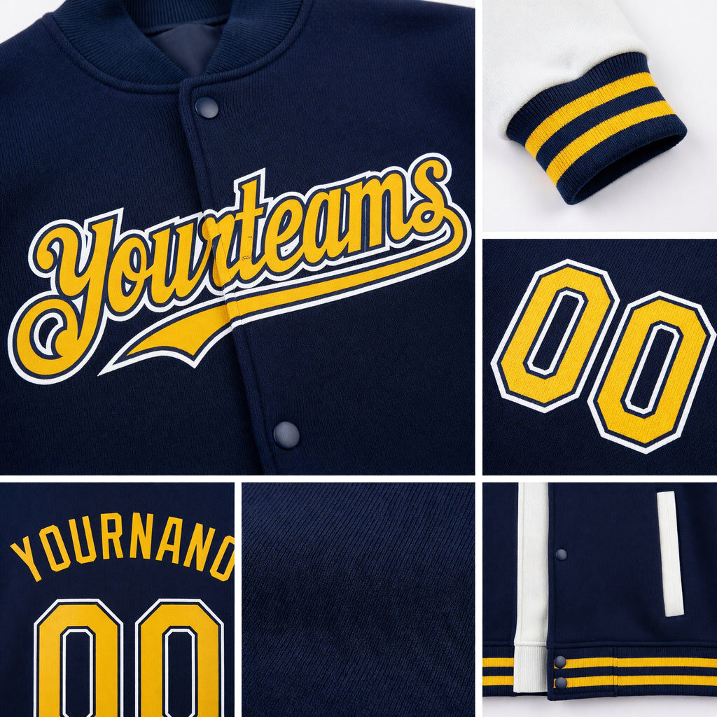 Custom Navy Gold-White Bomber Full-Snap Varsity Letterman Two Tone Hoodie Jacket detail