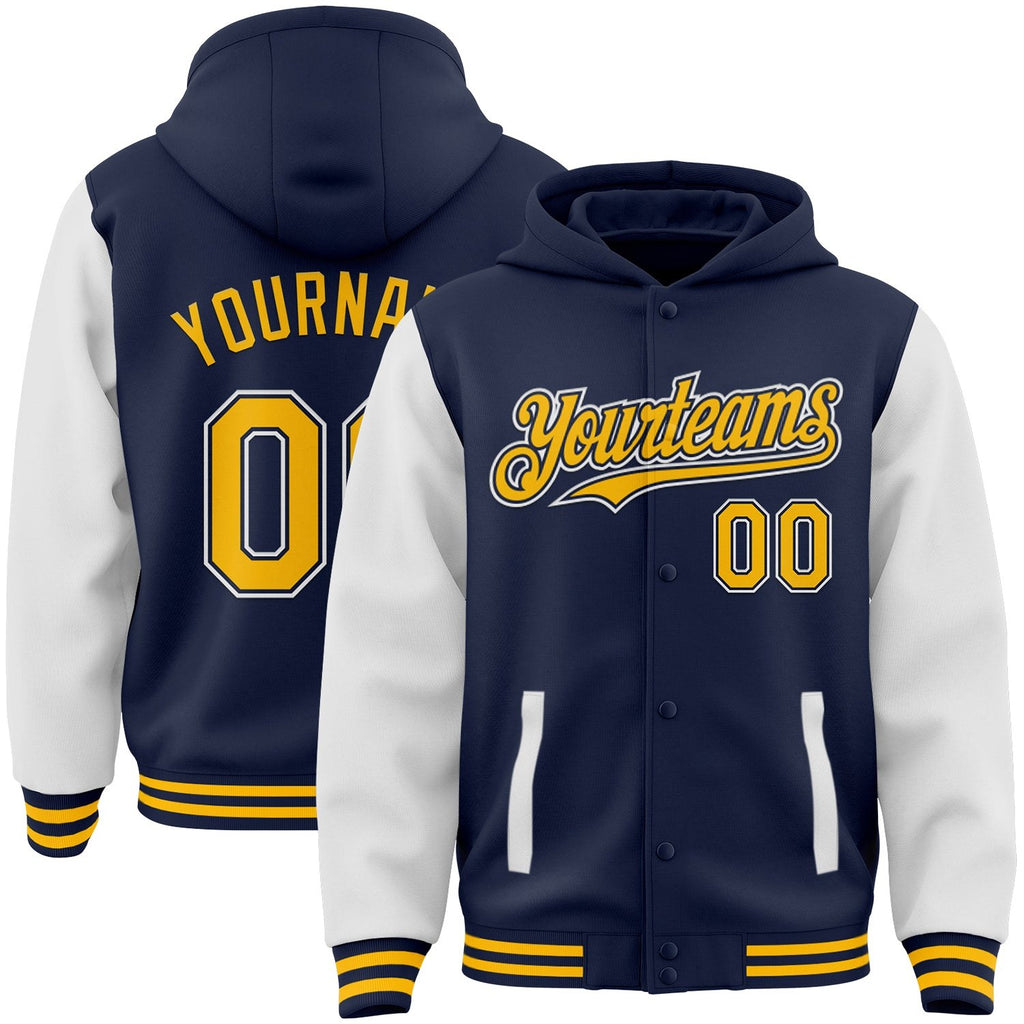 Custom Navy Gold-White Bomber Full-Snap Varsity Letterman Two Tone Hoodie Jacket photo 1