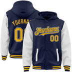 Custom Navy Gold-White Bomber Full-Snap Varsity Letterman Two Tone Hoodie Jacket photo 1