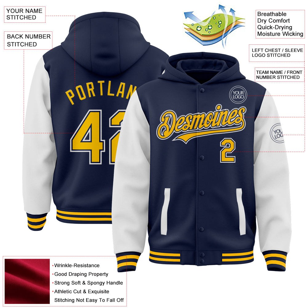 Custom Navy Gold-White Bomber Full-Snap Varsity Letterman Two Tone Hoodie Jacket photo 3
