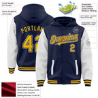 Custom Navy Gold-White Bomber Full-Snap Varsity Letterman Two Tone Hoodie Jacket photo 3
