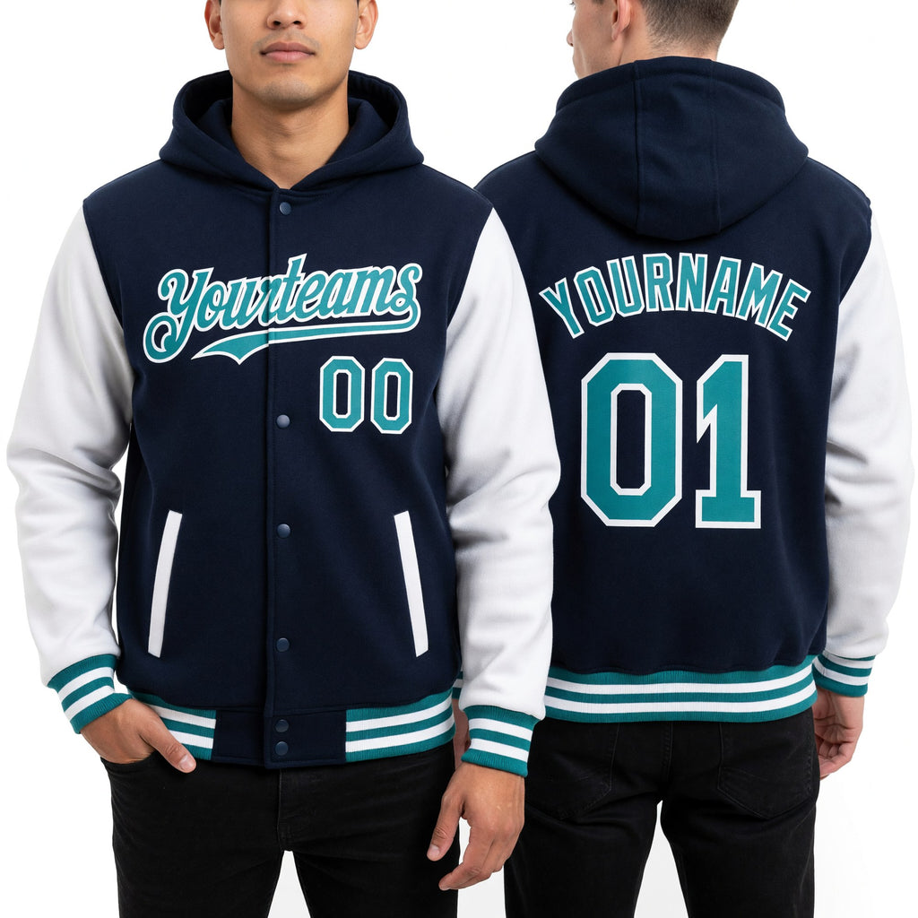 Custom Navy Teal-White Bomber Full-Snap Varsity Letterman Two Tone Hoodie Jacket worn front and back