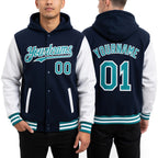 Custom Navy Teal-White Bomber Full-Snap Varsity Letterman Two Tone Hoodie Jacket worn front and back