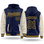 Custom Navy Cream-Gold Bomber Full-Snap Varsity Letterman Two Tone Hoodie Jacket