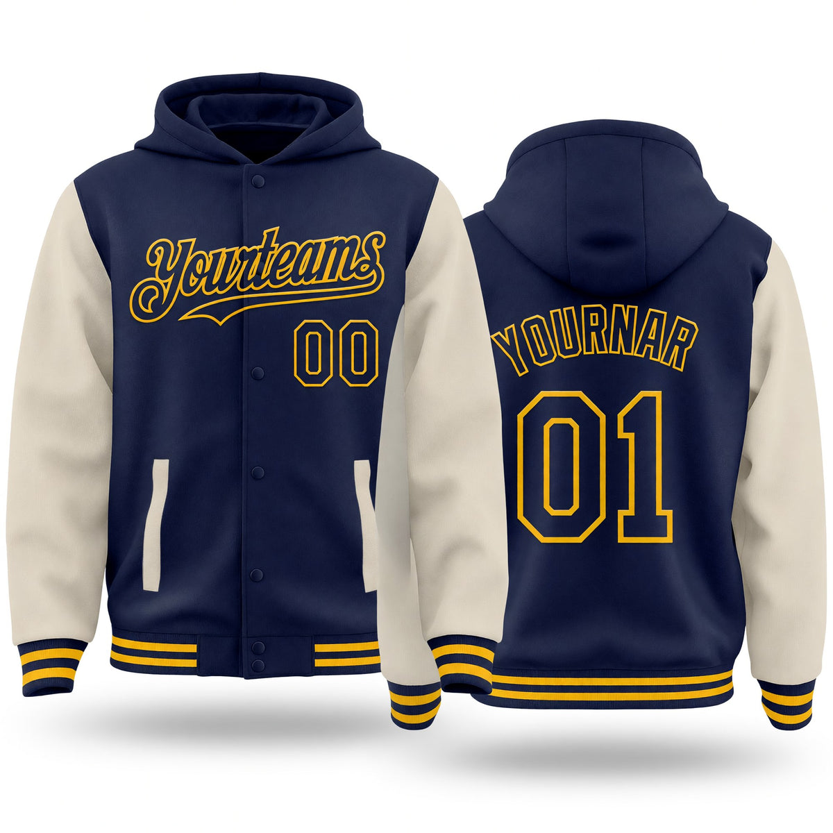 Custom Navy Cream-Gold Bomber Full-Snap Varsity Letterman Two Tone Hoodie Jacket