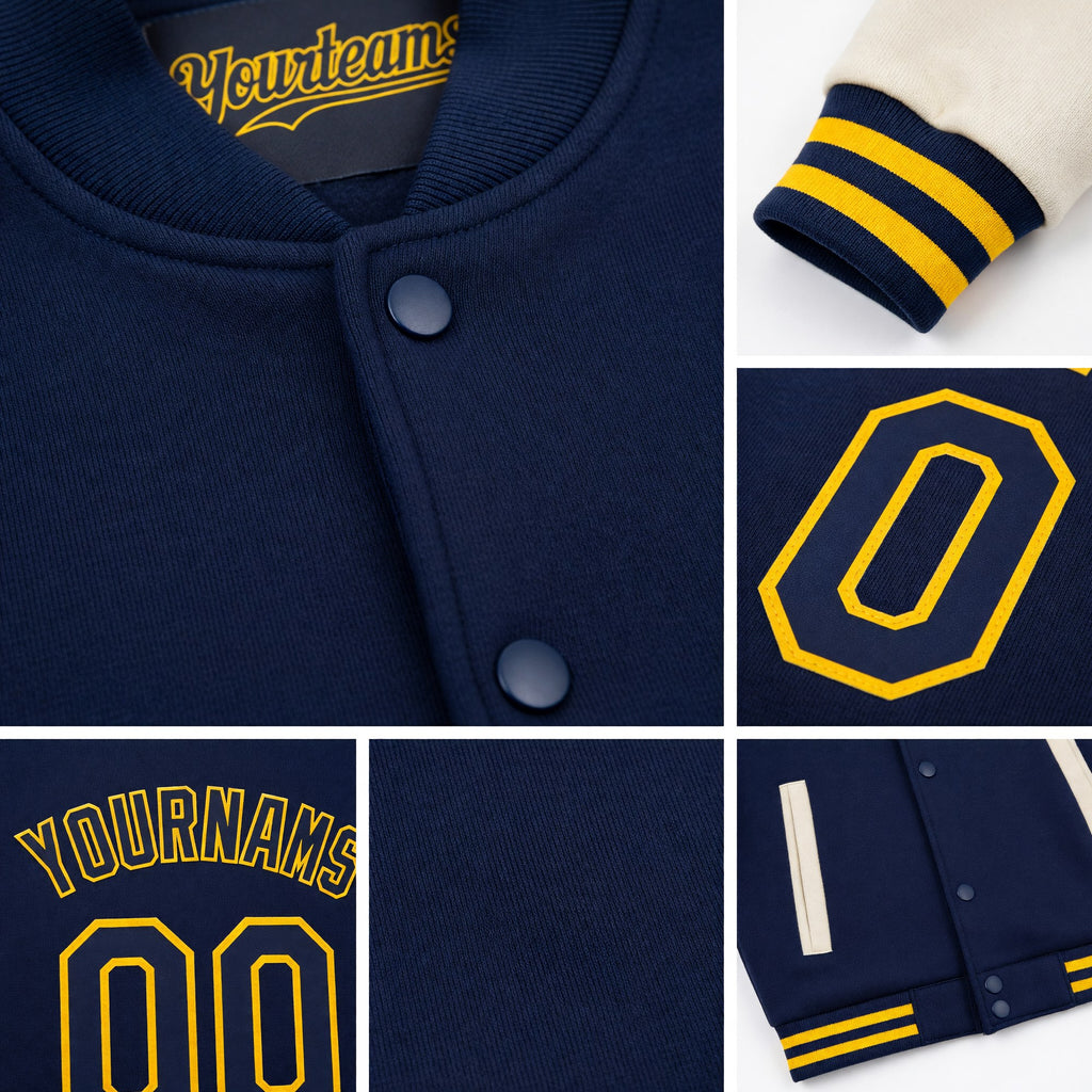 Custom Navy Cream-Gold Bomber Full-Snap Varsity Letterman Two Tone Hoodie Jacket detail