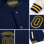 Custom Navy Cream-Gold Bomber Full-Snap Varsity Letterman Two Tone Hoodie Jacket detail