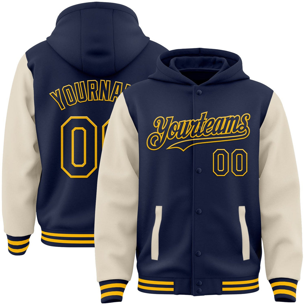 Custom Navy Cream-Gold Bomber Full-Snap Varsity Letterman Two Tone Hoodie Jacket photo 1