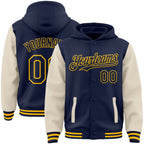 Custom Navy Cream-Gold Bomber Full-Snap Varsity Letterman Two Tone Hoodie Jacket photo 1