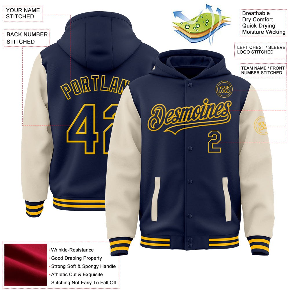 Custom Navy Cream-Gold Bomber Full-Snap Varsity Letterman Two Tone Hoodie Jacket photo 3