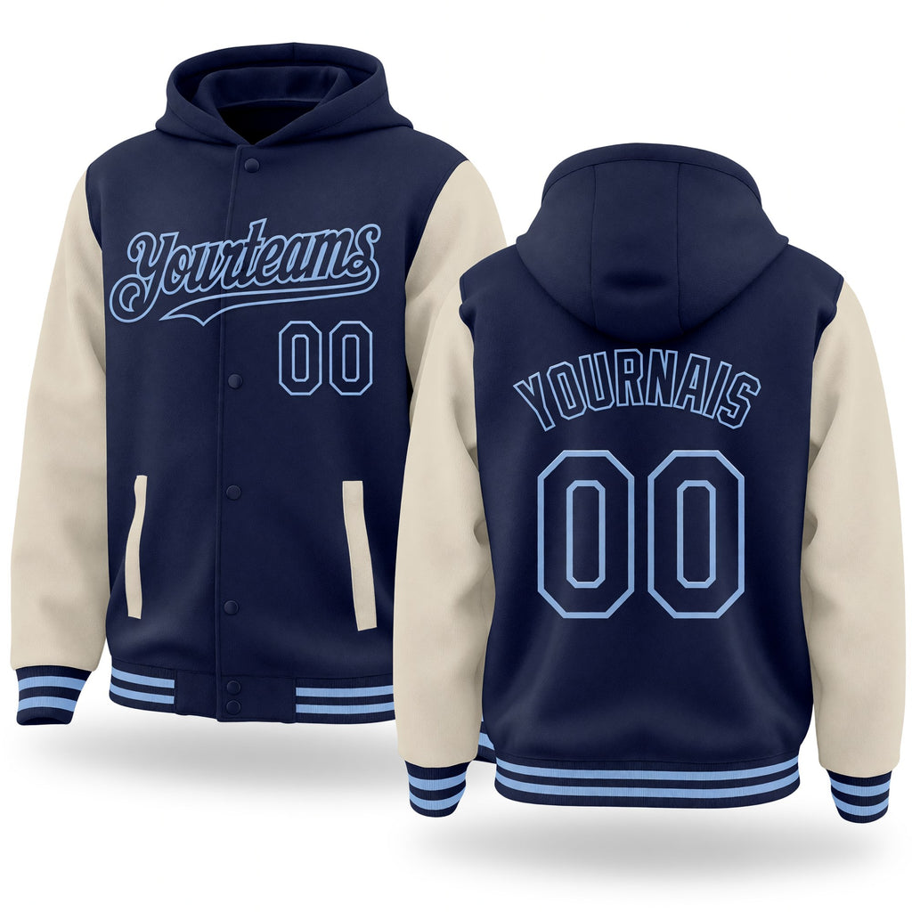Custom Navy Cream-Light Blue Bomber Full-Snap Varsity Letterman Two Tone Hoodie Jacket