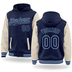 Custom Navy Cream-Light Blue Bomber Full-Snap Varsity Letterman Two Tone Hoodie Jacket