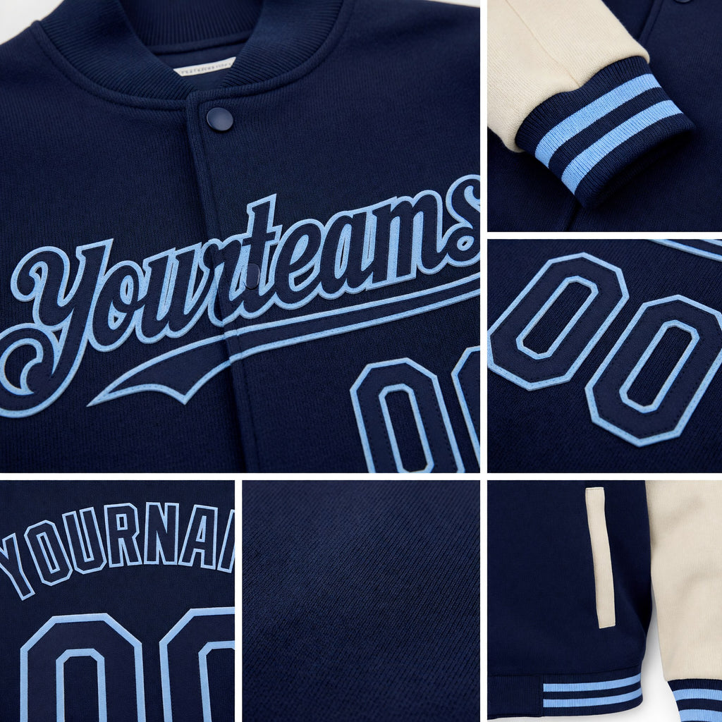 Custom Navy Cream-Light Blue Bomber Full-Snap Varsity Letterman Two Tone Hoodie Jacket detail