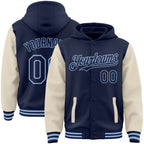 Custom Navy Cream-Light Blue Bomber Full-Snap Varsity Letterman Two Tone Hoodie Jacket photo 1