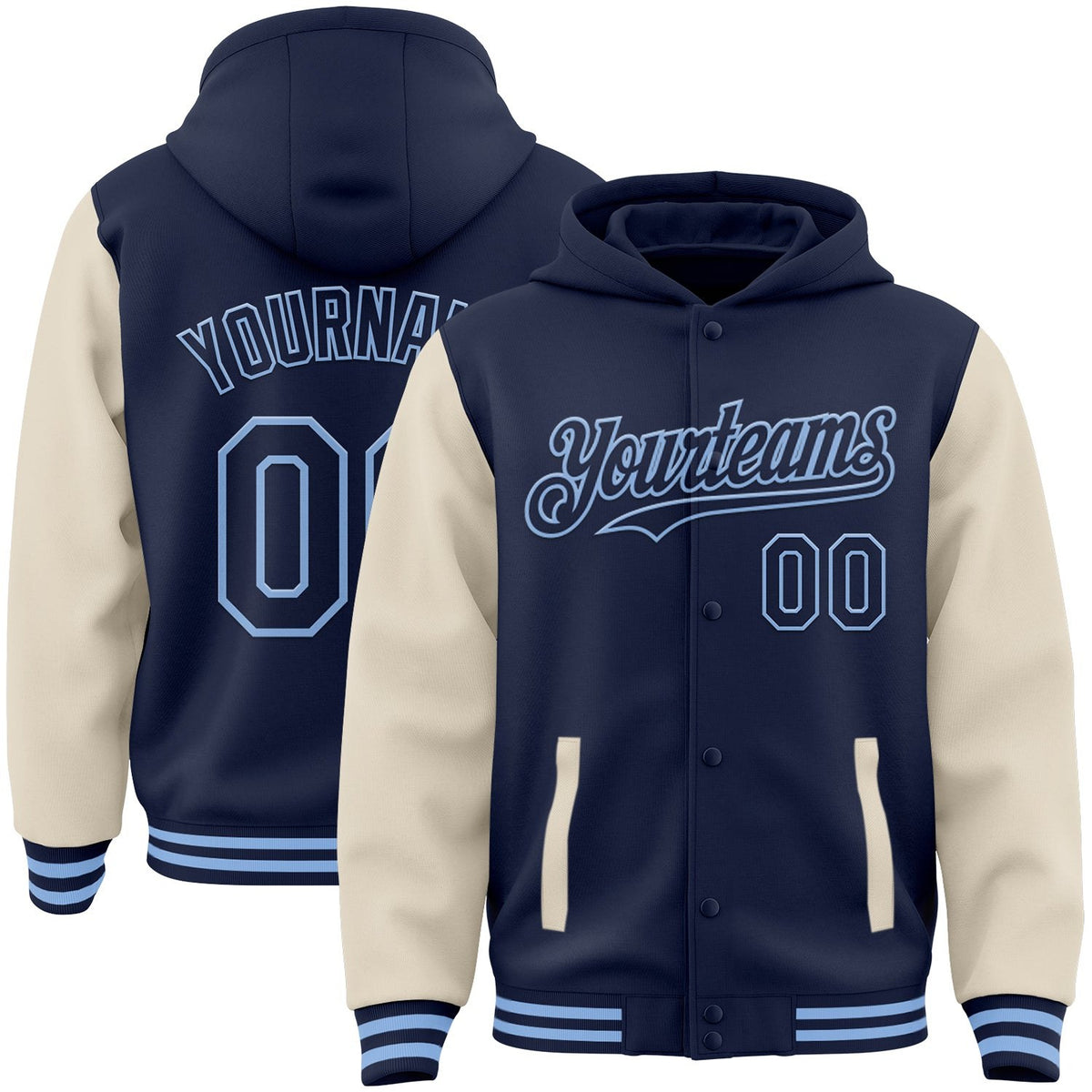 Custom Navy Cream-Light Blue Bomber Full-Snap Varsity Letterman Two Tone Hoodie Jacket photo 1