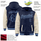 Custom Navy Cream-Light Blue Bomber Full-Snap Varsity Letterman Two Tone Hoodie Jacket photo 3