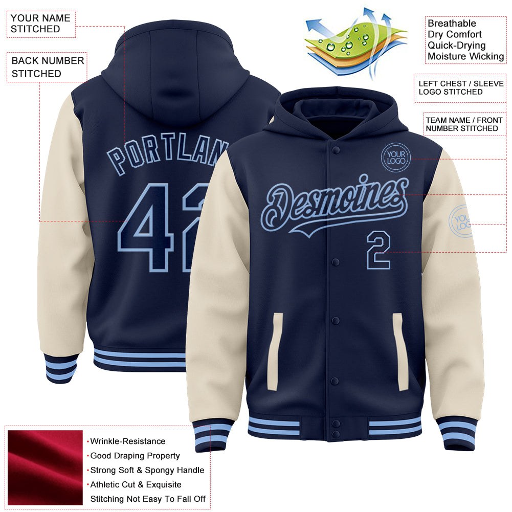 Custom Navy Cream-Light Blue Bomber Full-Snap Varsity Letterman Two Tone Hoodie Jacket photo 3