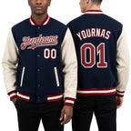 Custom Navy Maroon-Cream Bomber Full-Snap Varsity Letterman Two Tone Hoodie Jacket worn front and back