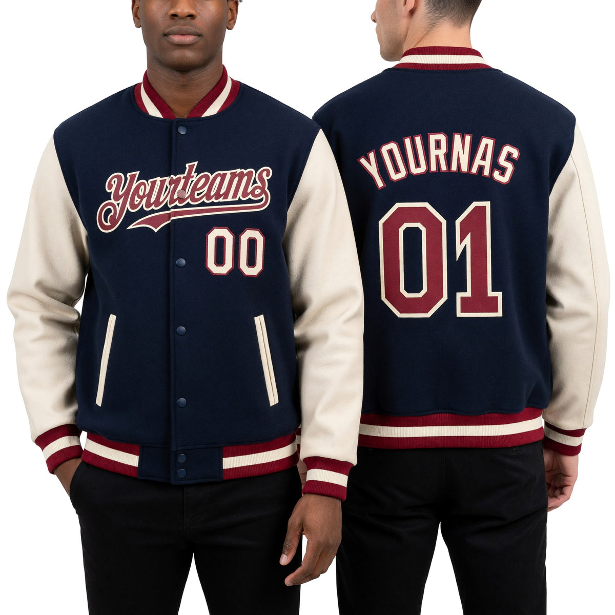 Custom Navy Maroon-Cream Bomber Full-Snap Varsity Letterman Two Tone Hoodie Jacket worn front and back