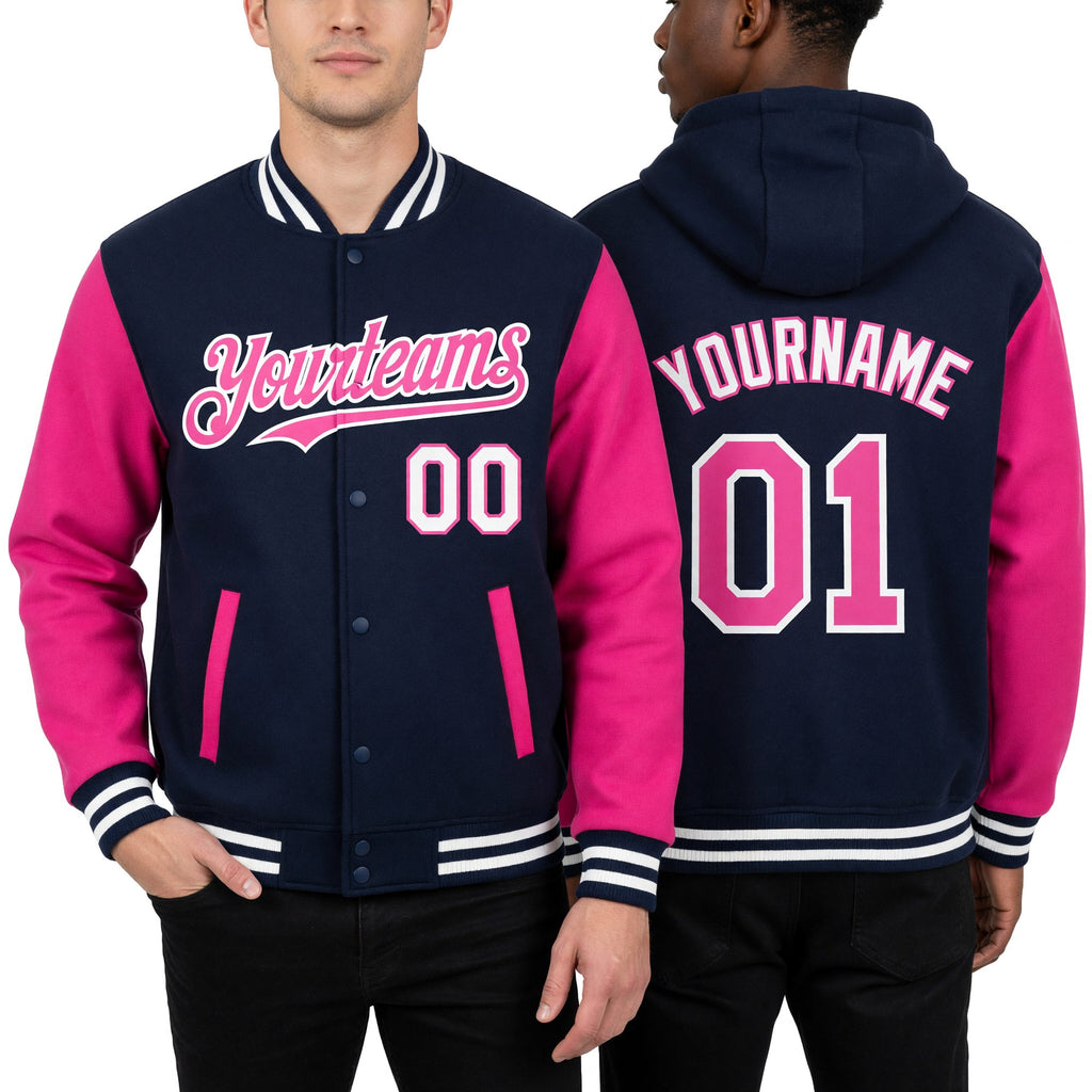 Custom Navy Pink-White Bomber Full-Snap Varsity Letterman Two Tone Hoodie Jacket worn front and back