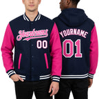 Custom Navy Pink-White Bomber Full-Snap Varsity Letterman Two Tone Hoodie Jacket worn front and back