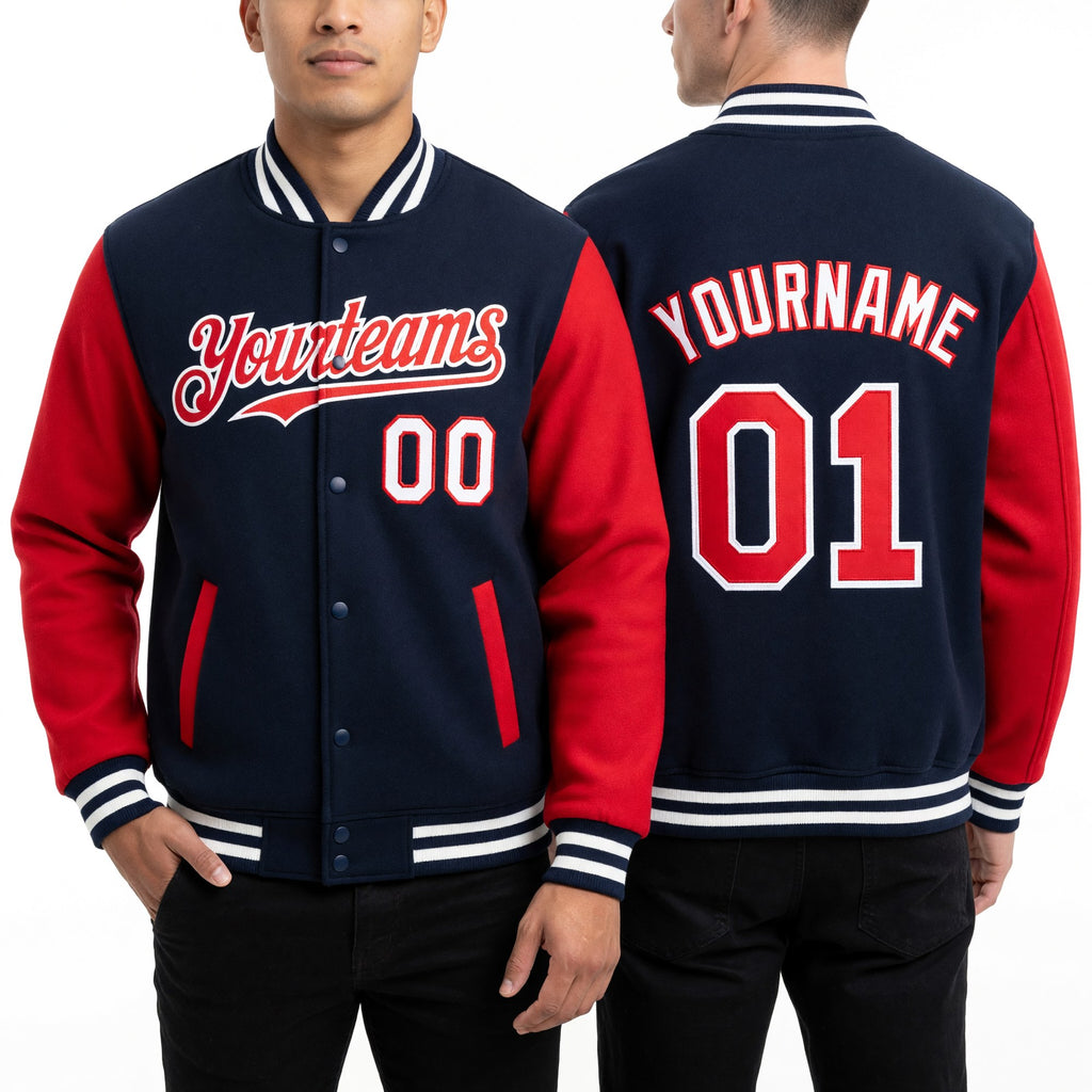 Custom Navy Red-White Bomber Full-Snap Varsity Letterman Two Tone Hoodie Jacket worn front and back