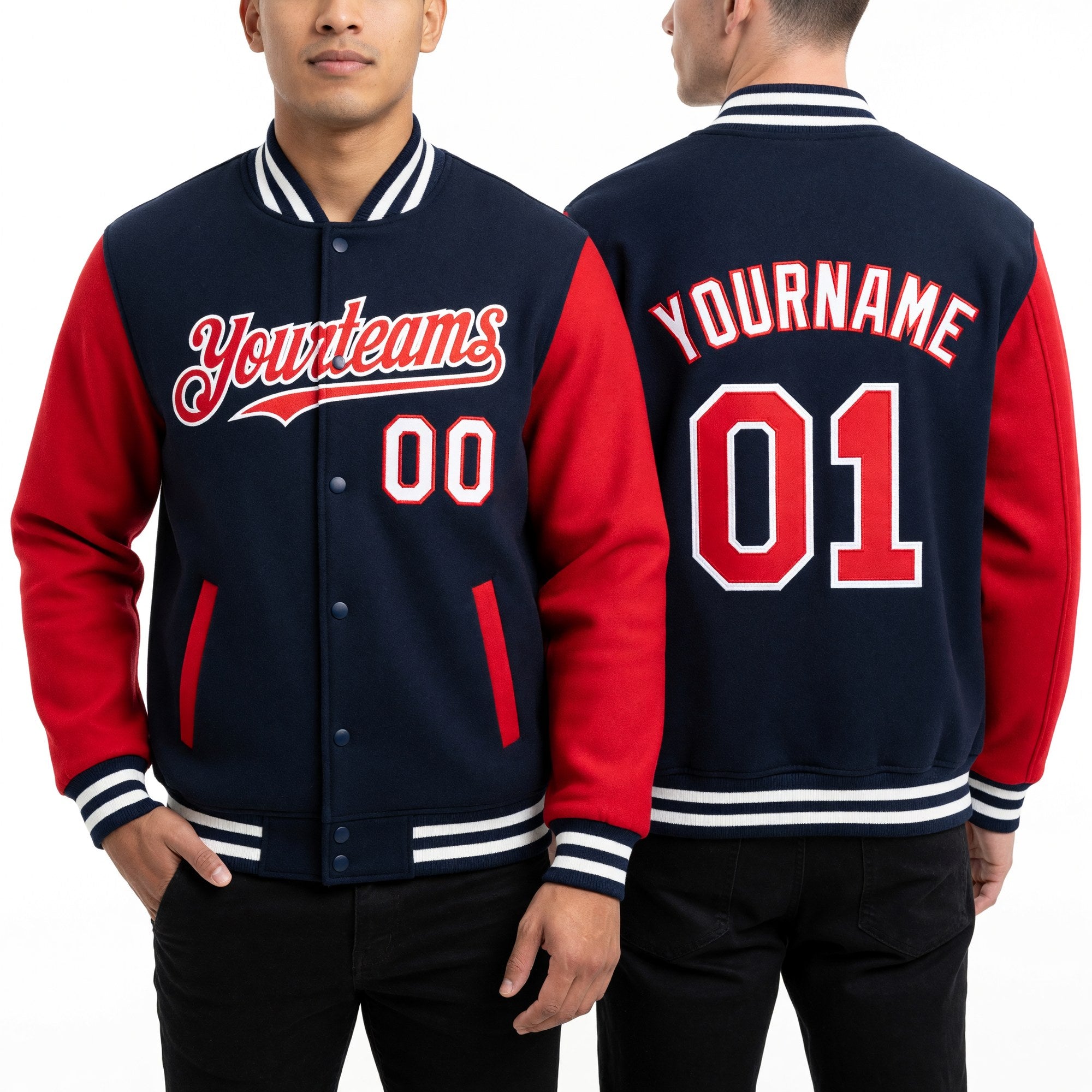 Custom Navy Red-White Bomber Full-Snap Varsity Letterman Two Tone Hoodie Jacket worn front and back