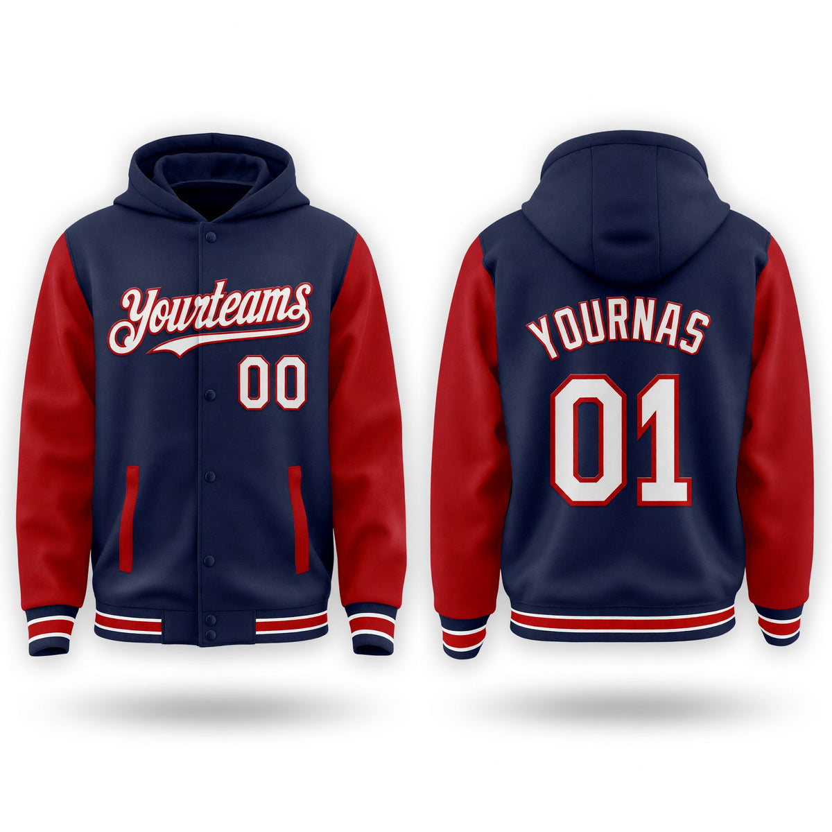Custom Navy White-Red Bomber Full-Snap Varsity Letterman Two Tone Hoodie Jacket