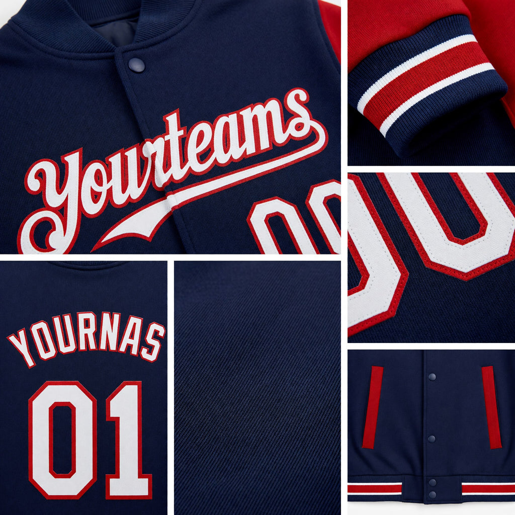Custom Navy White-Red Bomber Full-Snap Varsity Letterman Two Tone Hoodie Jacket detail