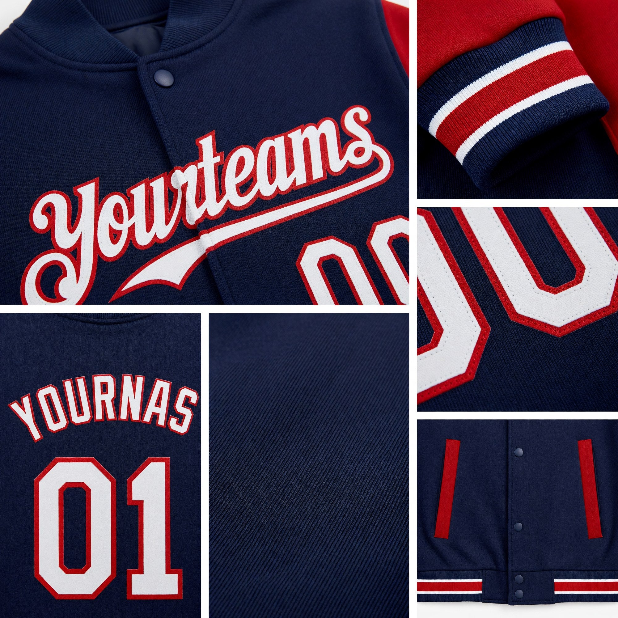 Custom Navy White-Red Bomber Full-Snap Varsity Letterman Two Tone Hoodie Jacket detail