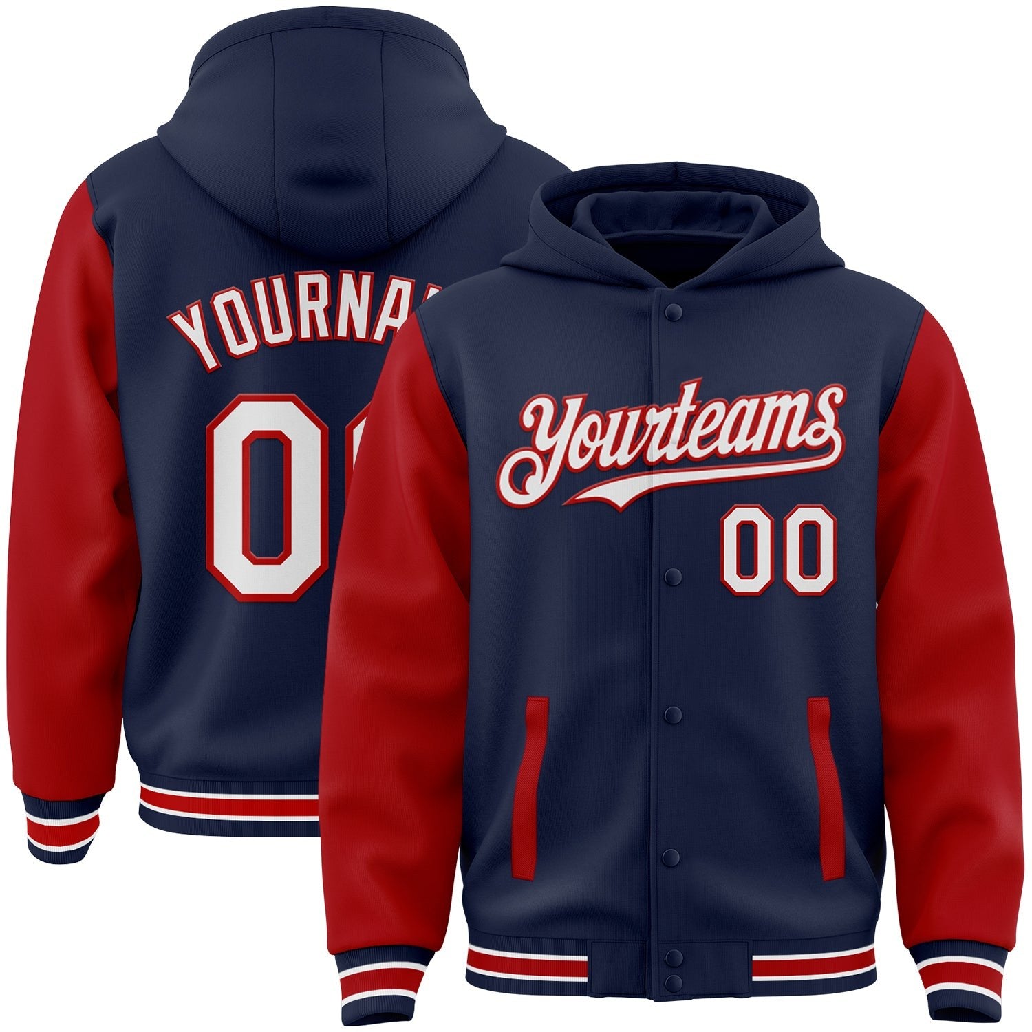 Custom Navy White-Red Bomber Full-Snap Varsity Letterman Two Tone Hoodie Jacket photo 1