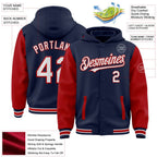 Custom Navy White-Red Bomber Full-Snap Varsity Letterman Two Tone Hoodie Jacket photo 3