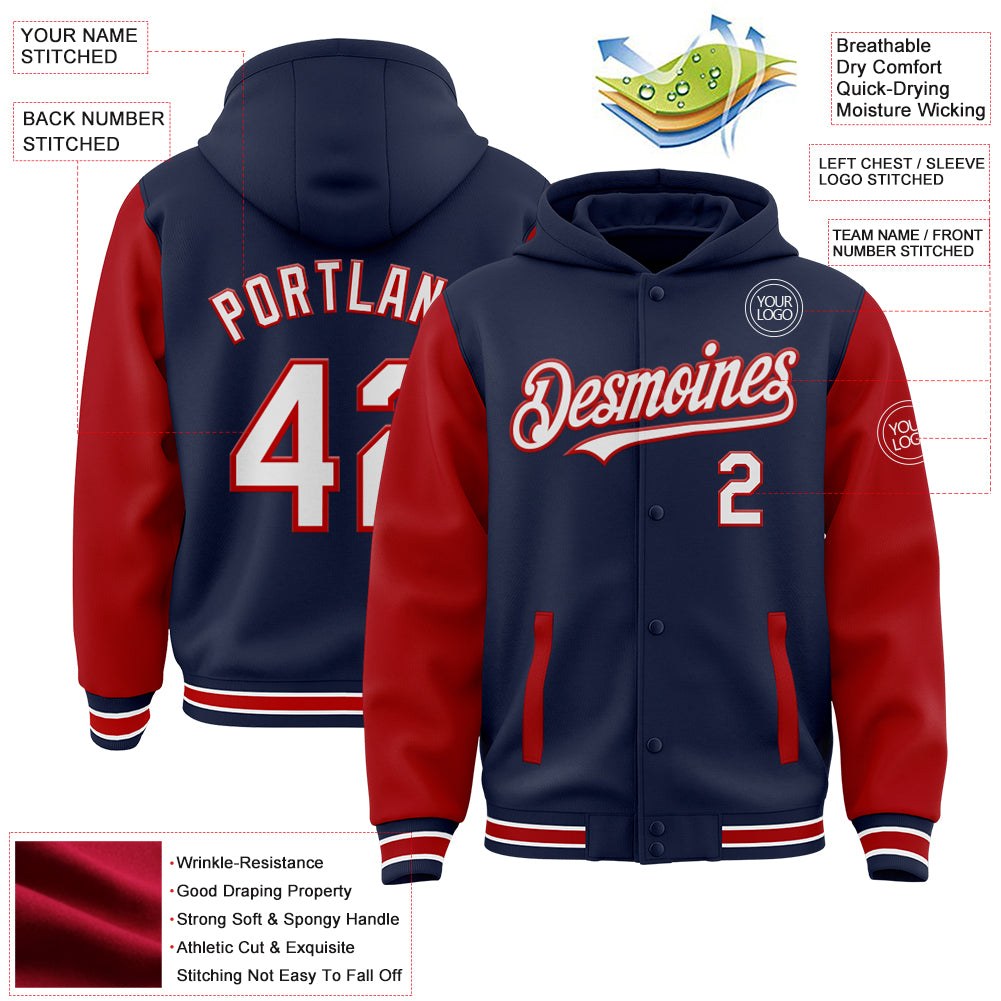 Custom Navy White-Red Bomber Full-Snap Varsity Letterman Two Tone Hoodie Jacket photo 3